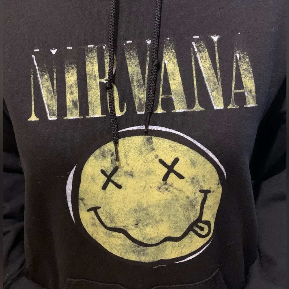 Nirvana Unisex Pullover Hoodie Sweatshirt Yellow Smiley Black Size Large - Picture 2 of 3